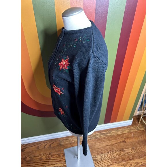 Christmas zip up black embroidered poinsetta beads cute ugly sweater size S - Picture 5 of 6